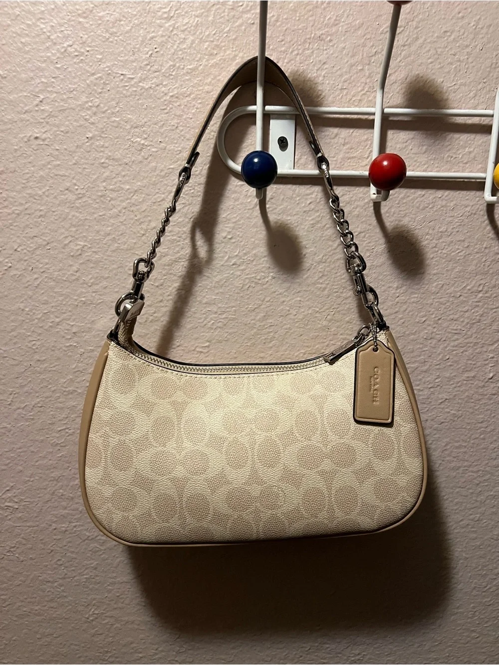 COACH Cream Signature Canvas Shoulder Bag with Tan Trim